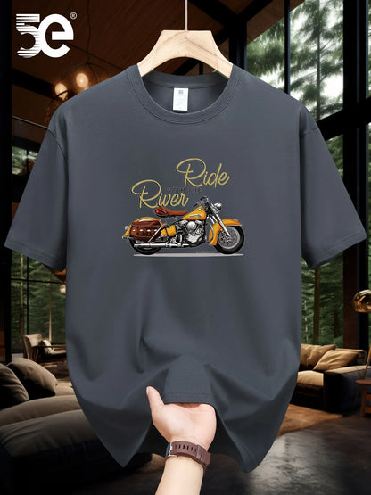 Summer men's 100% pure cotton casual loose oversized classic motorcycle creative printed round neck short sleeved T-shirt top