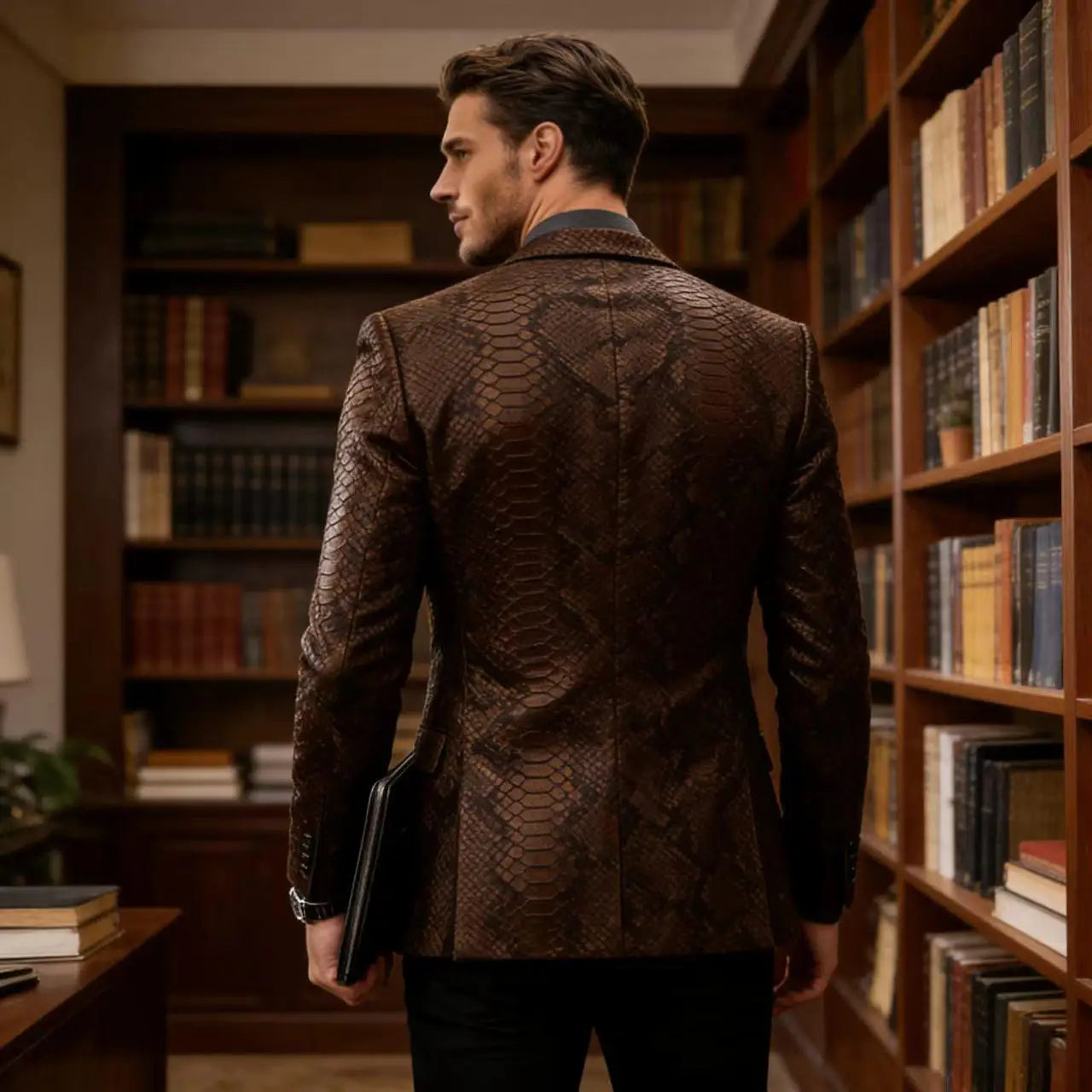 Men's Luxury Crocodile Pattern Leather Blazer Slim Fit Two Button Notch Lapel Suit Jacket Business Casual Wedding Tuxedo Dress