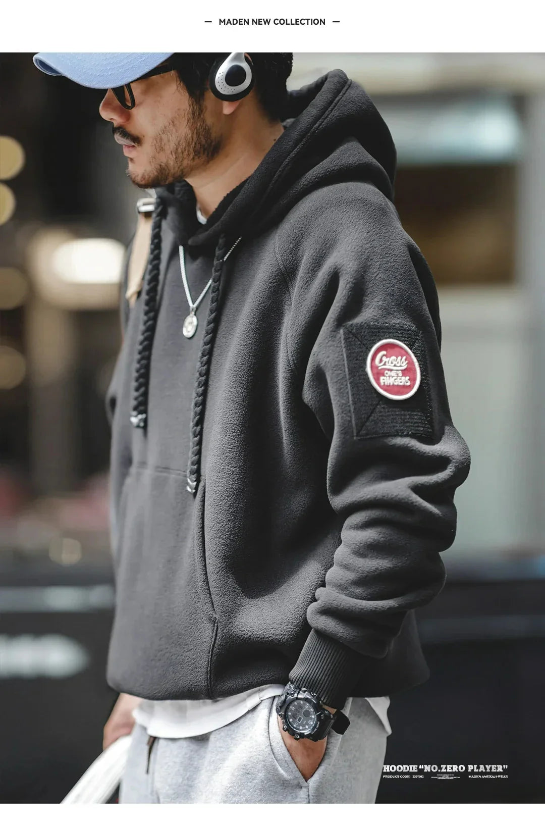 2024 Autumn Winter Casual Heavyweight Hoodie Men's Black Versatile Thickened Fleece Pullover Loose Warm Hooded Sweatshirt