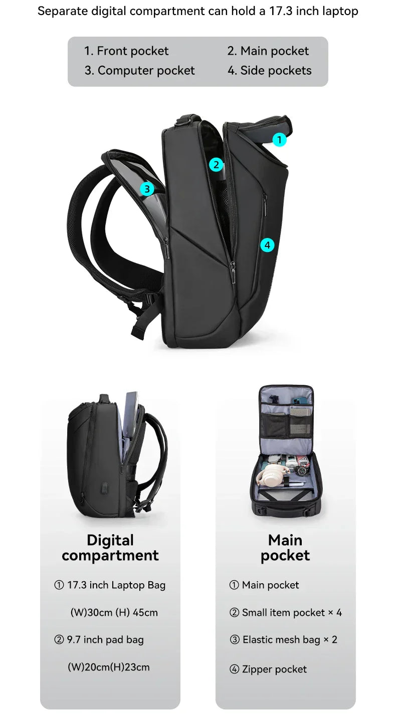 Business Backpack for Men Waterproof and Travel Laptop Backpack with USB Charging, Fits 17 Inch Laptop and Tech Gear