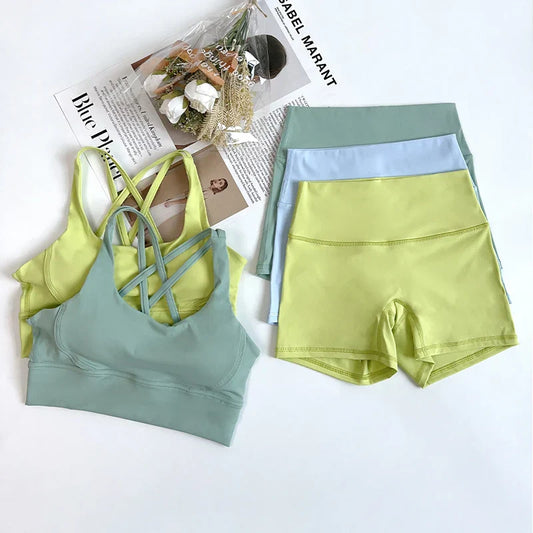 2Pcs Yoga Sets Naked Feel Gym Set Women Workout Clothes High Waist Yoga Shorts And Strappy Sports Bra Short Sets Summer