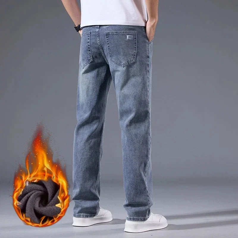Winter Fleece Men Jeans Thick Stretch Business Casual Trousers Classic Loose Straight Warm Velvet Denim Pants Office Daily Wear
