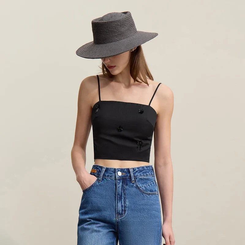 Women's Camisole 2026 Autumn New Casual Bead Women's Sleeveless Vest Square Neck Inner Wear Straps Short Slim Top 12621025