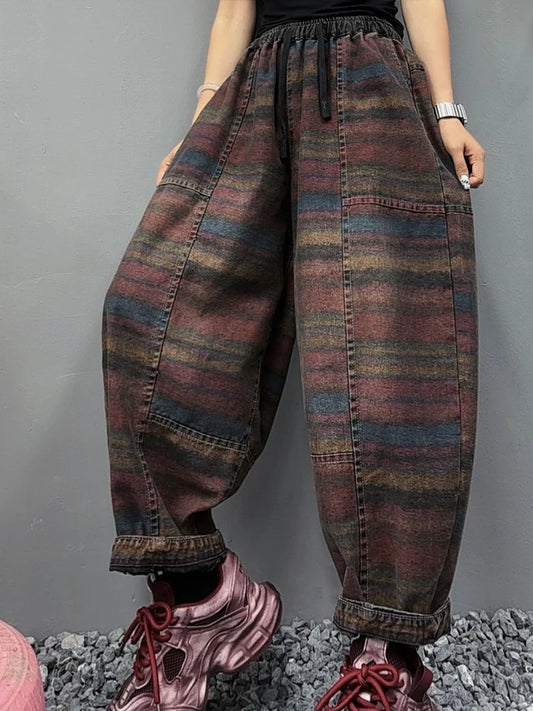 Fall Korean Casual Jeans Womens Classic Striped Fashion Vintage Denim Pants Ladies Loose Elastic Waist Harem Trousers