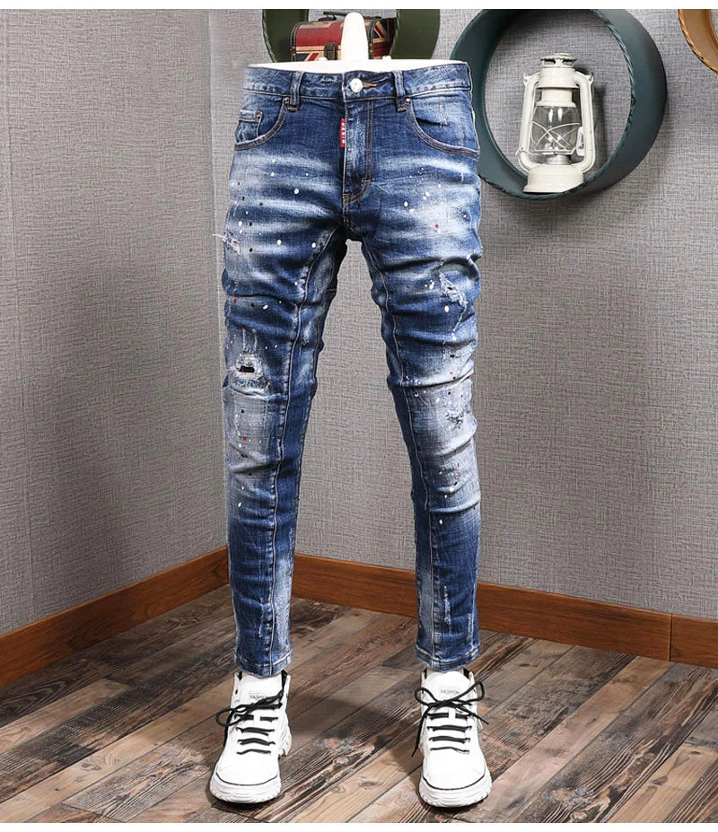 Fashion Streetwear Men Jeans Retro Black Blue Elastic Slim Fit Ripped Jeans Men Spliced Designer Embroidery Hip Hop Denim Pants