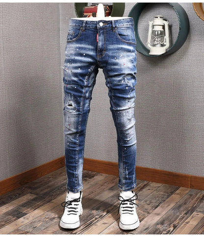 Fashion Streetwear Men Jeans Retro Black Blue Elastic Slim Fit Ripped Jeans Men Spliced Designer Embroidery Hip Hop Denim Pants