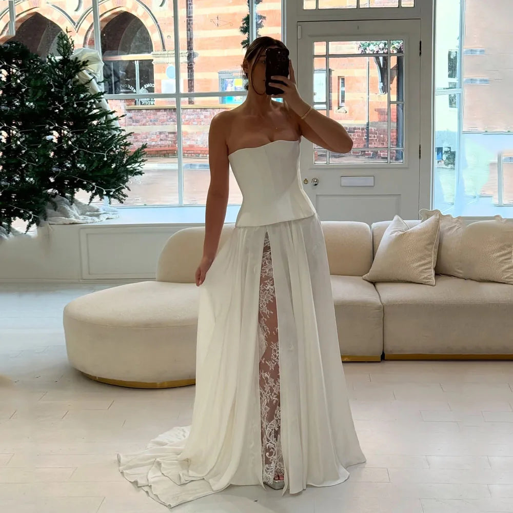 Lace Split Wedding Dresses Strapless A Line Pleat Corset Ivory White Bridal Dresses Sleeveless Vestido De Novia Civil Customized