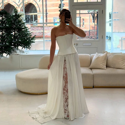 Lace Split Wedding Dresses Strapless A Line Pleat Corset Ivory White Bridal Dresses Sleeveless Vestido De Novia Civil Customized