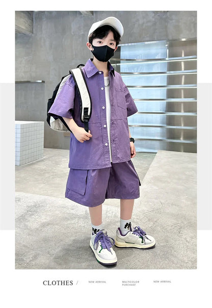 Kids New Summer Purple Suit for Boys Short Sleeve Shirt + Shorts 2 Pieces Clothes Set Children Loose Style Outfit Clothing Set