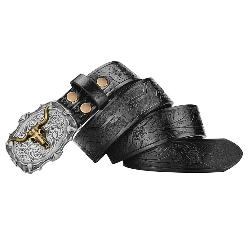Western Cowboy PU Leather Belt - Men Waist Strap Bull Decoration Floral Engraved for Jeans