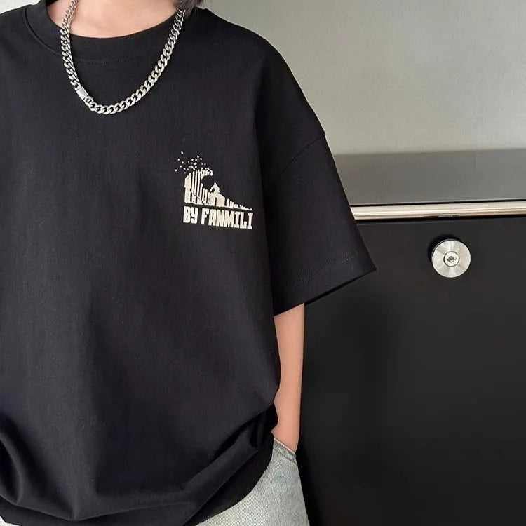 Black Graffiti Letters Pure Cotton Short Sleeve T-Shirt for Tween Boys Loose Fit Summer Youthful Wear Kids Outerwear Clothing