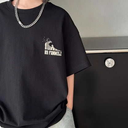 Black Graffiti Letters Pure Cotton Short Sleeve T-Shirt for Tween Boys Loose Fit Summer Youthful Wear Kids Outerwear Clothing