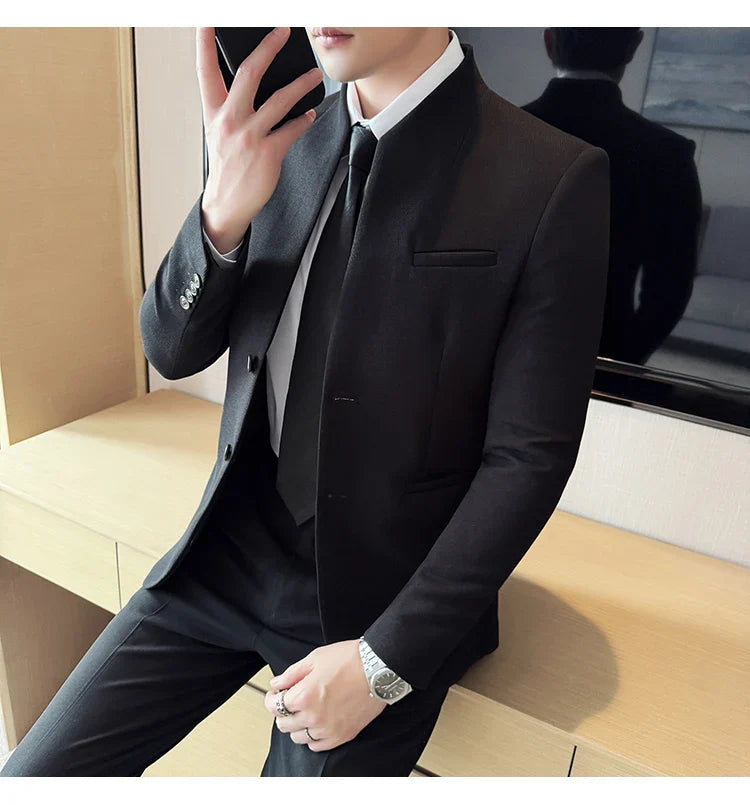 Waffle New Chinese Stand-Up Collar Suit Coats Men Slim Fit Business Casual Fashion Suits Jacket Formal Social Prom Party Tuxedos