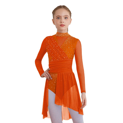 Kids Girls Gymnastics Figure Skating Ballet Lyrical Dance Costume Dress Side Split Sheer Mesh Ruched Glittery Rhinestones Dress