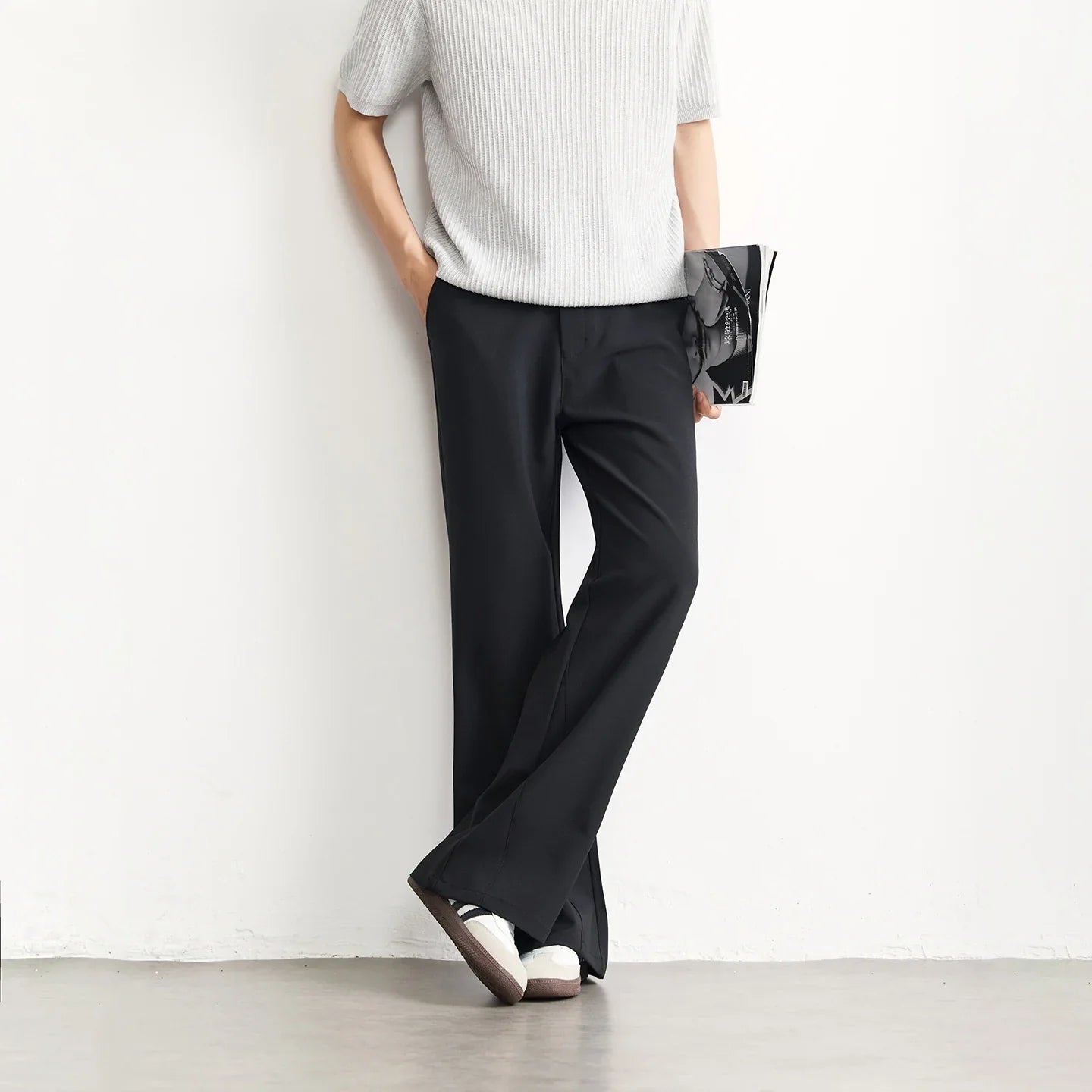 Black Business Suit Pants Men's Small Flared Elastic Comfortable Drape Loose Solid Color Office Casual Trousers Male Clothes