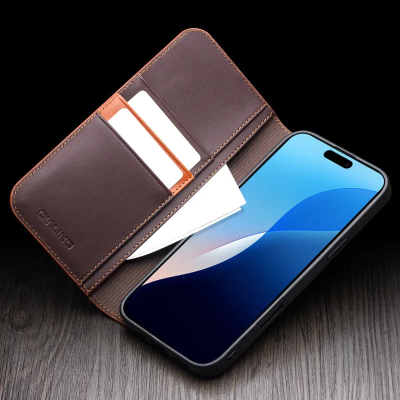 Genuine Leather Flip Case for iPhone 17 Plus Handmade Fashion Cover with Card Slots for iPhone 16 15 14 13 Pro Max 17Air