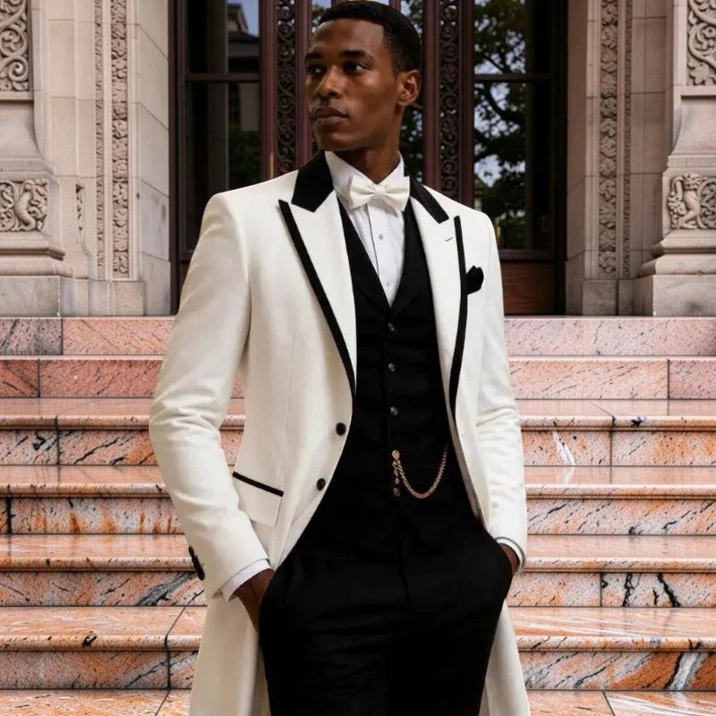 3 Pcs Wedding Suits for Men Slim Fit Long Groom Tuxedo Jacket Single Breasted Tailor Made Formal Prom Suits for Diplomatic Wear