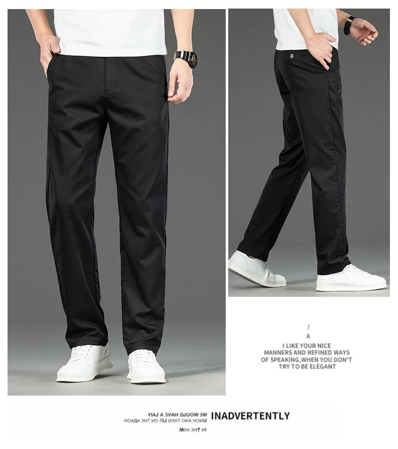 Spring Summer New Men's Casual Pants Thin Mulberry Silk Soft Business Casual Trousers Slim Straight Elastic Suit Pants Male