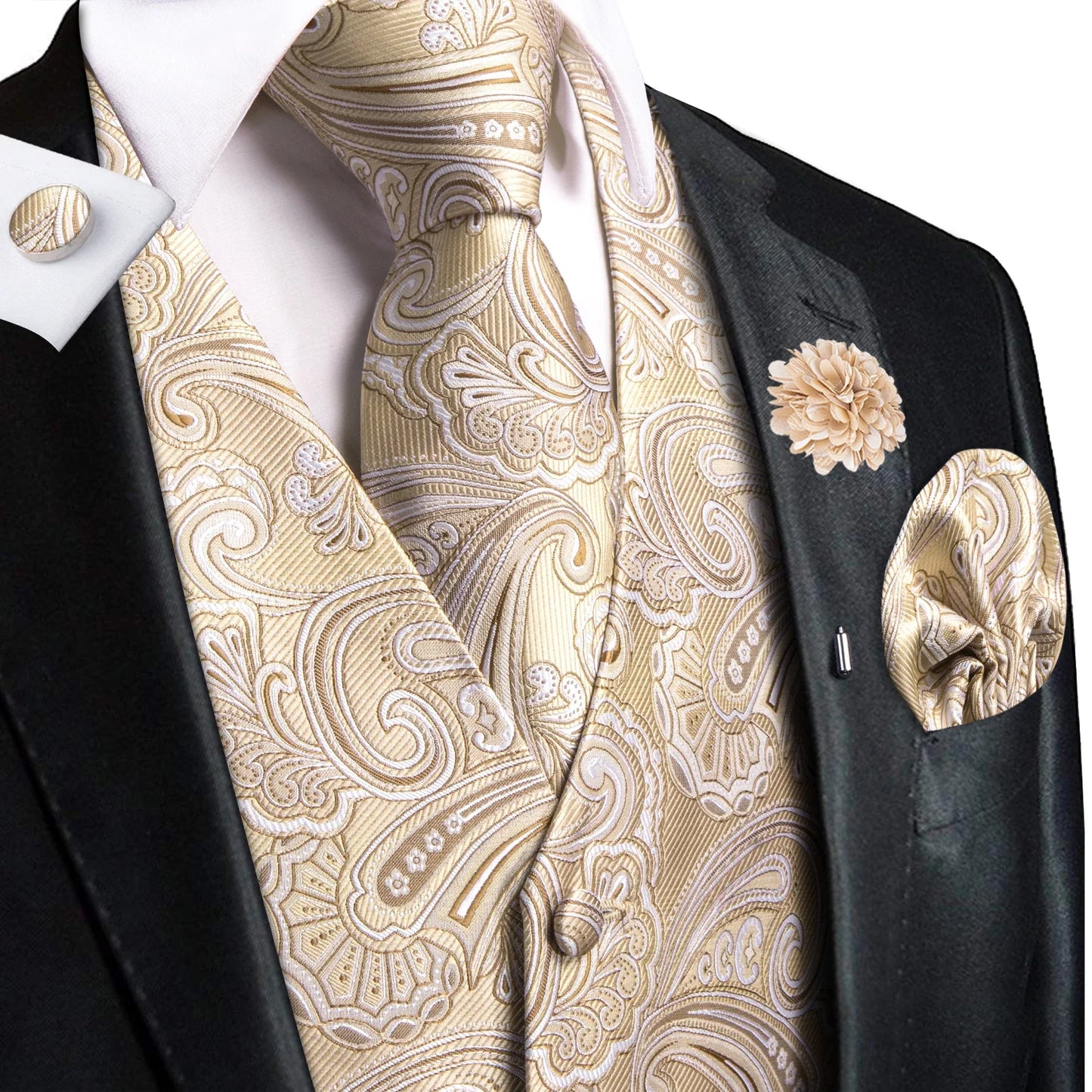 High Quality Silk Mens Vests Champagne Paisley Waistcoat Neck Tie Hanky Cufflinks Brooch Set for Men Suit Wedding Office