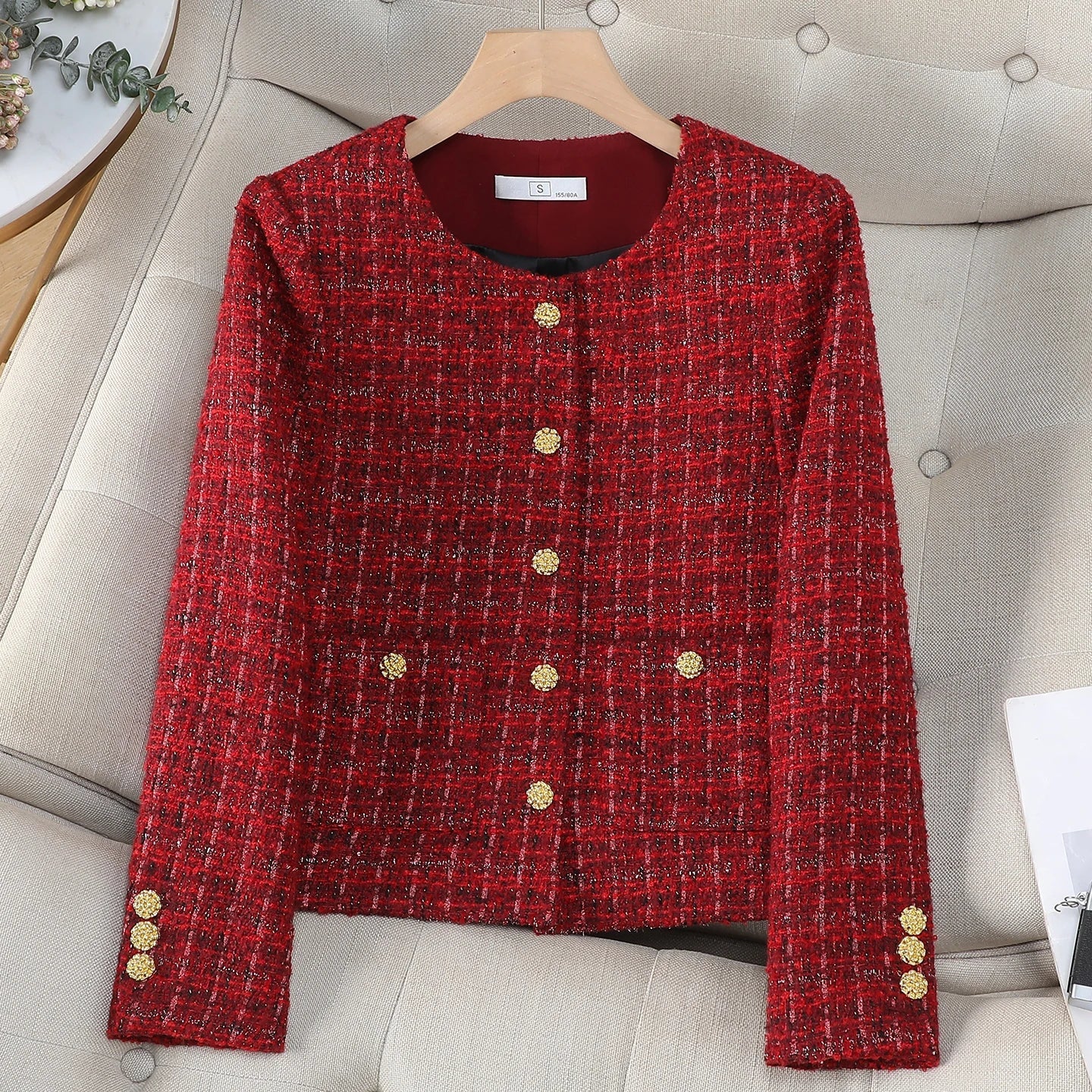 Women Elegant Solid Color Retro Blazer Jacket for Spring Autumn 2026 Long Sleeve Round Neck Single Breasted Short Coat with