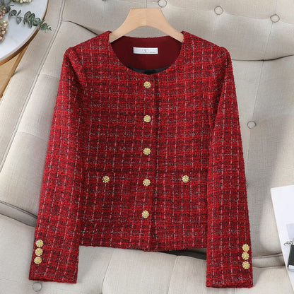 Women Elegant Solid Color Retro Blazer Jacket for Spring Autumn 2026 Long Sleeve Round Neck Single Breasted Short Coat with