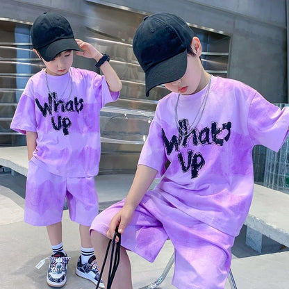 Loose Outfits Children Streetwear what's up 2024 New Boy Summer Quick dry Suit Short Sleeve TShirt + Shorts Two piece Sports Set