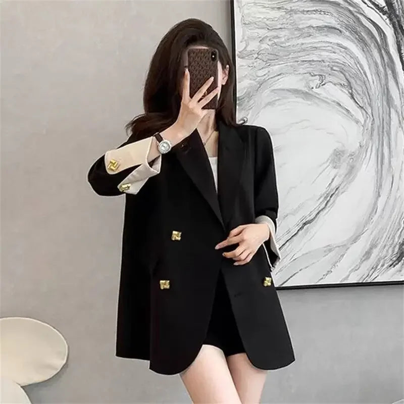 Black Casual Commuter Loose Fit Premium Suit Jacket Spring Autumn New Style Korean Version Fashionable Polyester Fiber Full Slee