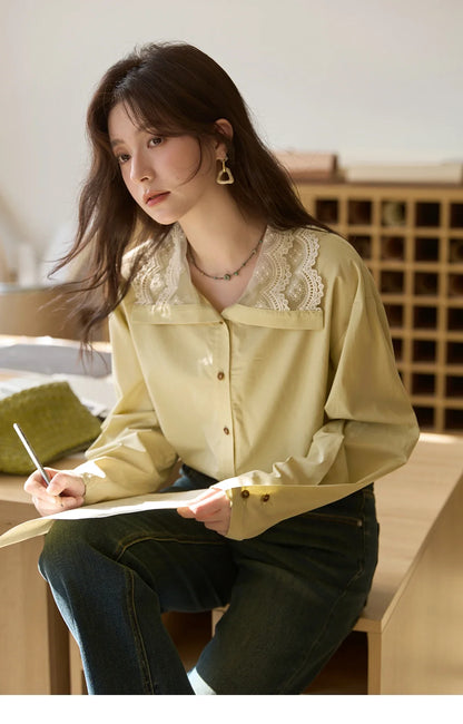 Autumn Solid Cotton Shirt Autumn V-neck Double-layer Lace Retro Design Shirts Single Breasted Tops Office Lady MXE41C2366