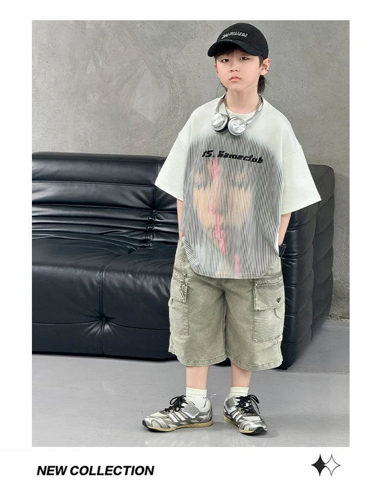 New Summer Korean Children Fashion Suit for Teen Boy Cotton Top And Bottom Set Kids Casual Tshirt Shorts 2PCS Clothing Set 7-16Y