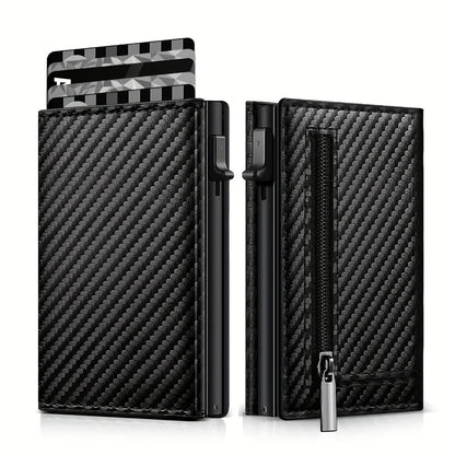 Men's Carbon Fiber Magnetic Card Clip Leather RFID Triple Fold Card with Zipper Wallet Pop Up Smart AirTag Wallet