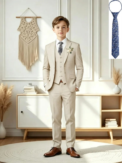 Beige Boys Slim Fit Suit Set 4 Pieces For Graduation Ceremony Classy Smart Notched Lapel Tuxedo Birthday Party Wear 3-14T