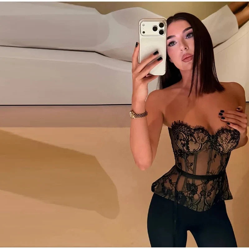 Sexy Women Sheer Lace Corset Top Bodycon Strapless Boned Bustier Sleeveless Back Lace-up Outfit 2026 New Fashion Party Clubwear