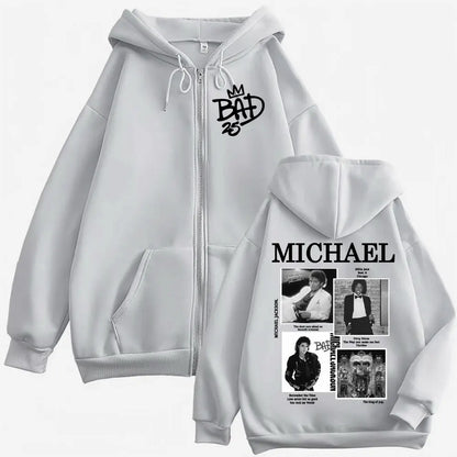King of Pop Michael Jackson Bad Era World Tour Zipper Sweatshirts Men Women Fashion Zip Up Hoodies Vintage Hip Hop Jacket Hooded