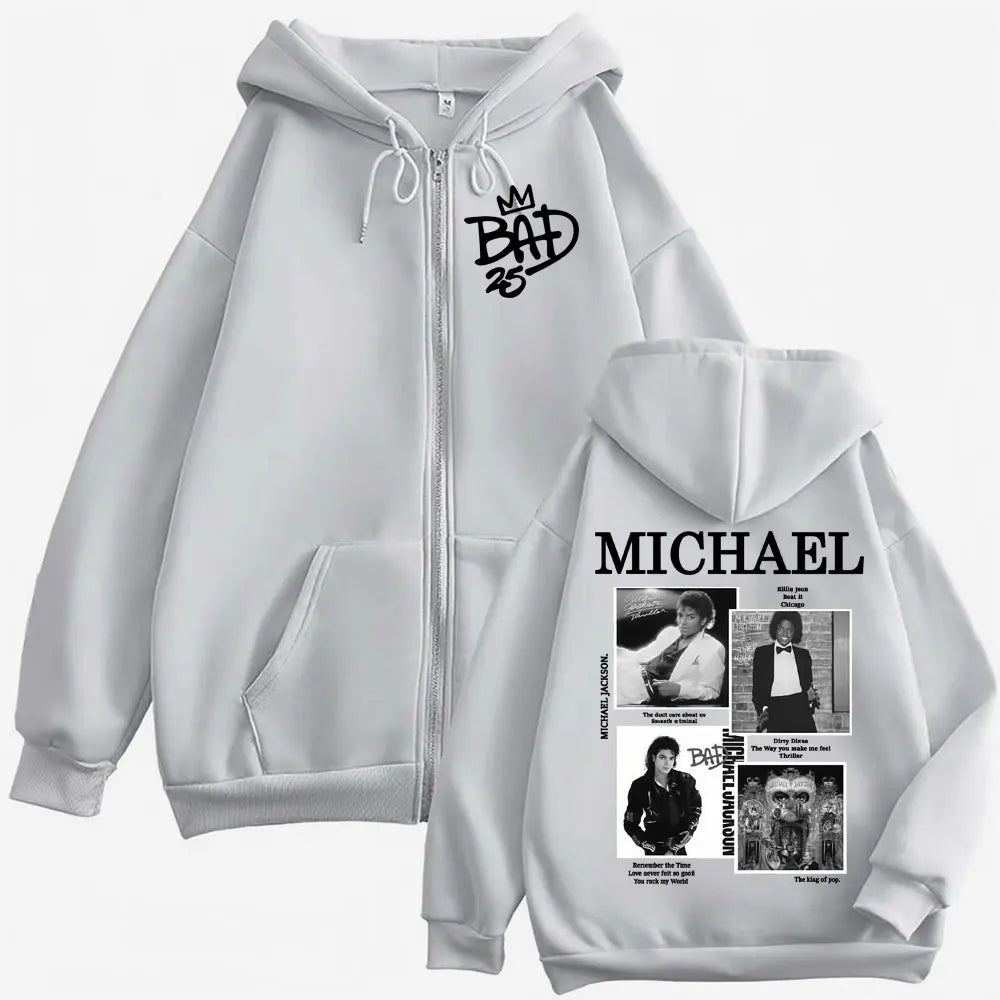 King of Pop Michael Jackson Bad Era World Tour Zipper Sweatshirts Men Women Fashion Zip Up Hoodies Vintage Hip Hop Jacket Hooded