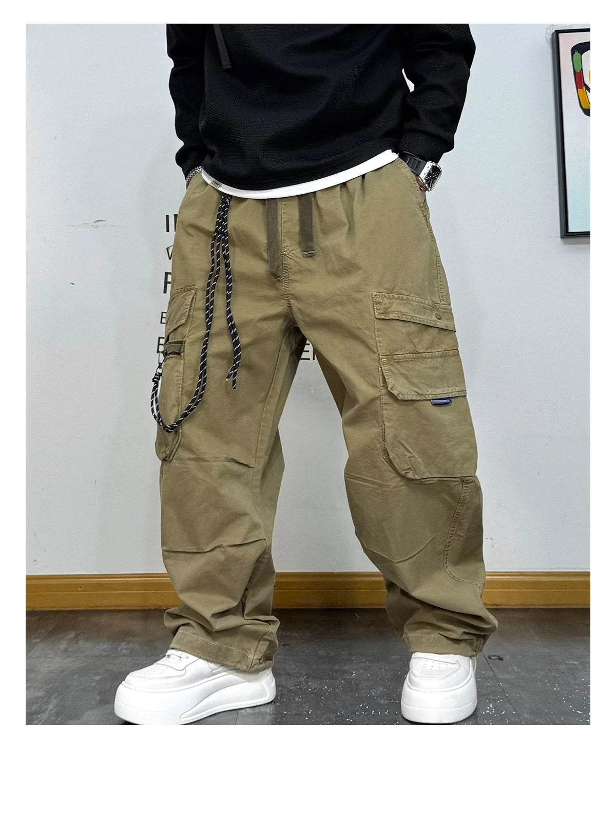 American Premium Cargo Pants Mens Pleated Baggy Multi Pocket Streetwear Oversized Straight Leg Casual Spring Fall Trendy Male