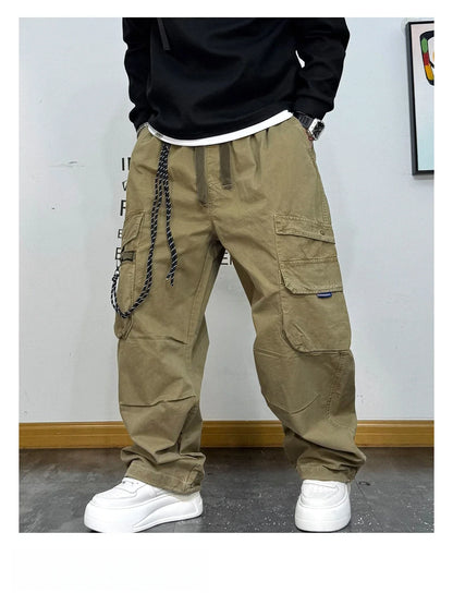 American Premium Cargo Pants Mens Pleated Baggy Multi Pocket Streetwear Oversized Straight Leg Casual Spring Fall Trendy Male