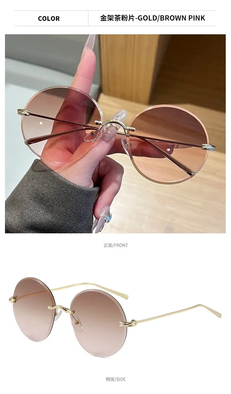 2026 New Fashion rimless circle frame sunglasses for women new alloy oversize gradient knot sun glasses ladies sexy shades uv400