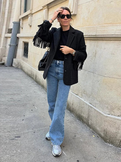 Tassels Woolen Suit Jacket Women Elegant Turn-down Collar Long Sleeve Single Breasted Pocket Autumn Winter Coats New Outerwears