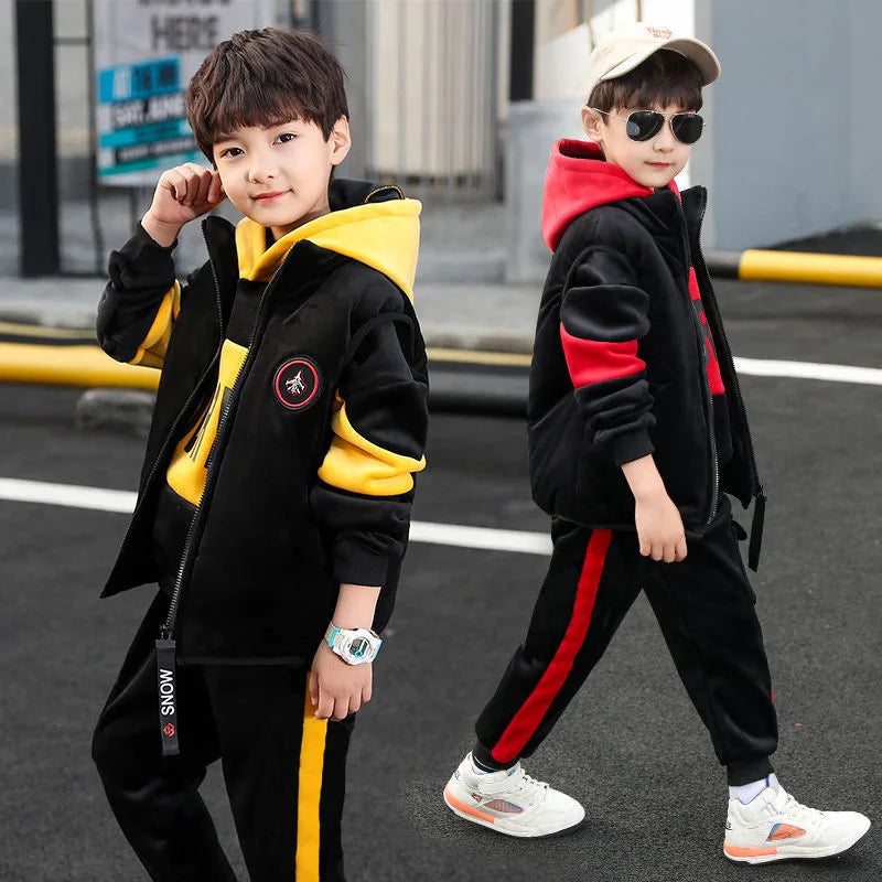 Winter Boys Warm Fleece Lined Zip Waistcoat+Sweatshirt+Sweatpant Sets School Kids 3PCS Tracksuit Children Workout Outfit 5-14Yrs