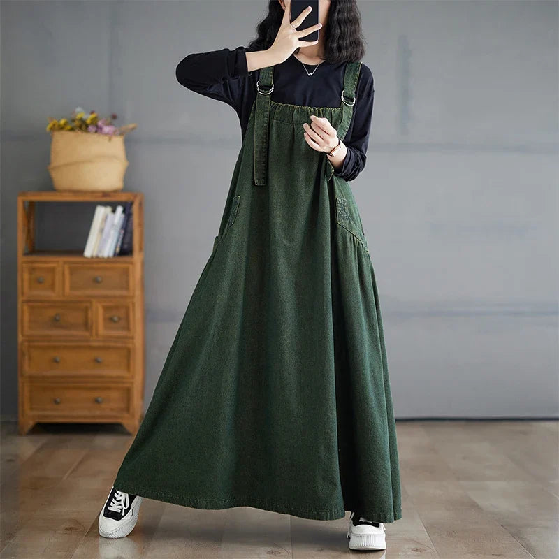 Retro Crtsmanip Loose Fit Slimming Denim Overalls Long Skirt Dr Spring Summer Autumn Winter A-Line Straight Cut Gown