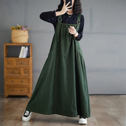 Retro Crtsmanip Loose Fit Slimming Denim Overalls Long Skirt Dr Spring Summer Autumn Winter A-Line Straight Cut Gown