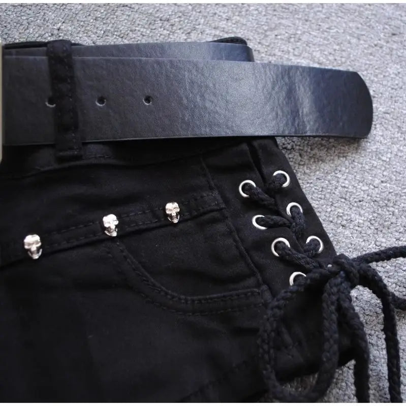 Korean Low Rise Denim Shorts 2024 - Riveted Lace Up Bodycon Black Hot Pants Vintage Cheeky Booty Summer TikTok Y2K Outfit