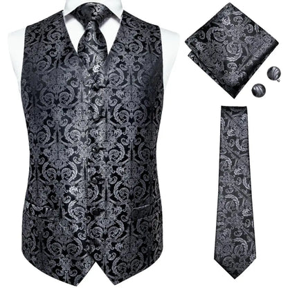 Jacquard Mens Suit Vests Gold Solid Plain 4PC Waistcoat Tie Hanky Cufflinks Set Business Wedding Dress Waist Jacket