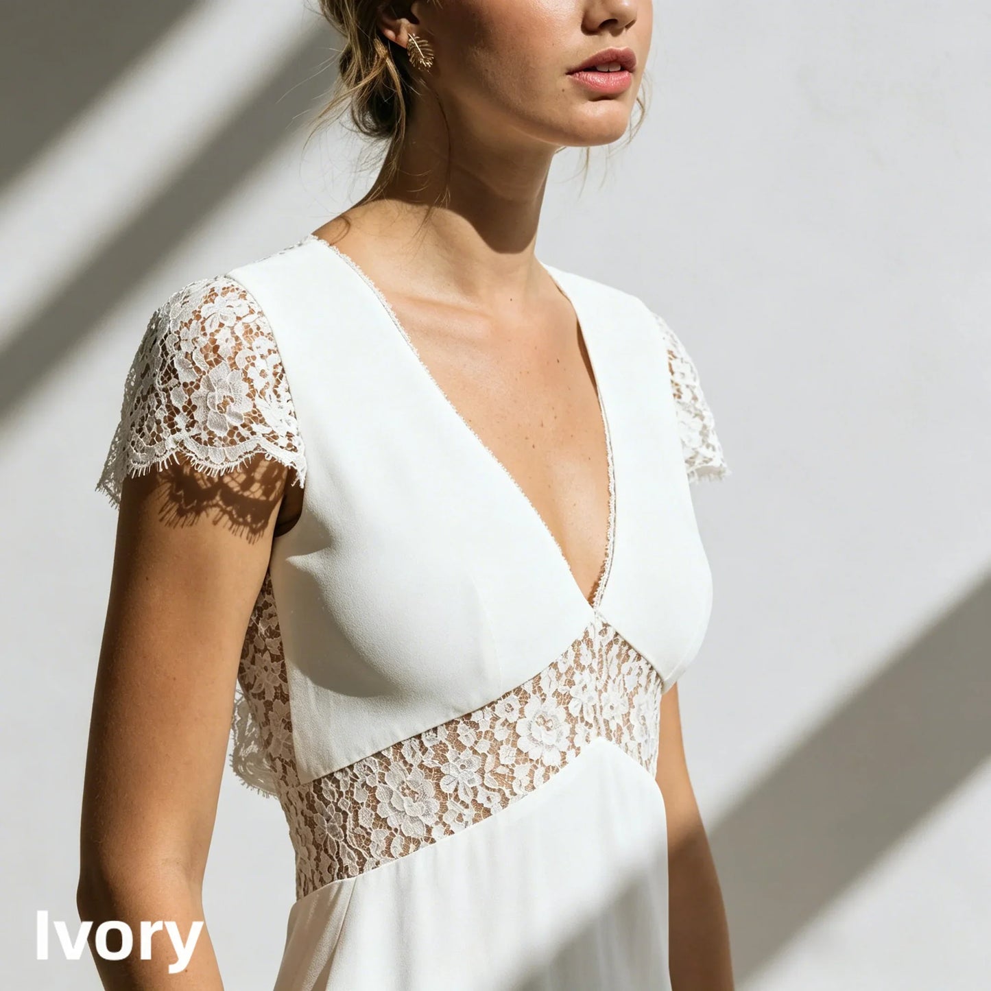 Simple Mermaid Bridal Gown Deep V Floral Lace Cap Sleeve Sheer Waist Cutout Back Buttons Soft Chiffon Custom Beach Wedding Dress