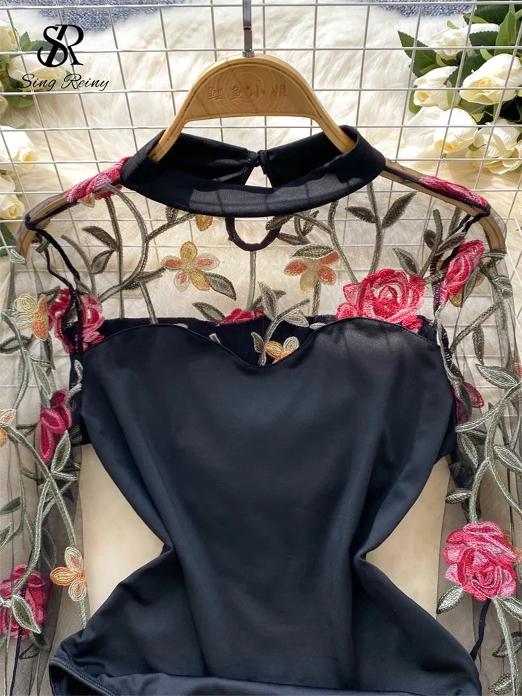 Vintage Embroidery Gauze Sexy Bodysuits Stand Collar Long Sleeve Playsuits Fashion Spliced Women Open crotch Rompers