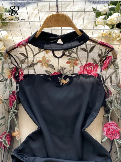 Vintage Embroidery Gauze Sexy Bodysuits Stand Collar Long Sleeve Playsuits Fashion Spliced Women Open crotch Rompers