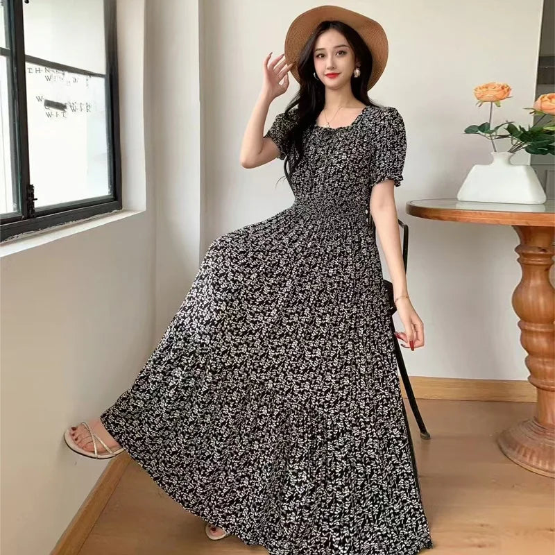 Summer New Cotton Silk Floral Print Maxi Dr ort Sve Beachwear High Waist Young Women's Large Skirt Swing Dr