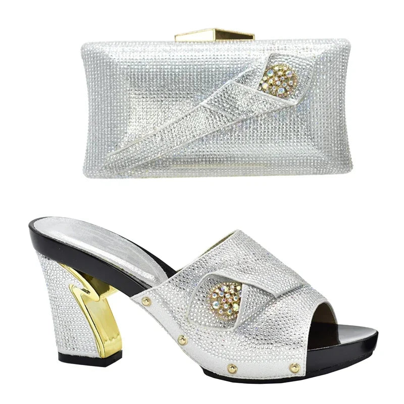 Italian Matching Shoes and Bag Set Decorated with Rhinestone African Shoes and Bag Set for Wedding High Quality Shoes Bag