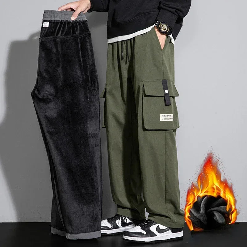 2026 Cargo Pants Men Straight Fit Wide Leg Fleece Lined Trouser Male Winter Fashion Loose Baggy Large Plus Size Warm Streetwear