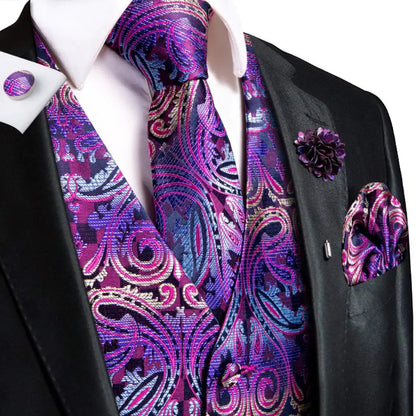 Luxury Mens Vests Black Gold Floral Jacquard Waistcoat Tie Hanky Cufflinks Brooch Set for Men Suit Wedding Office XL